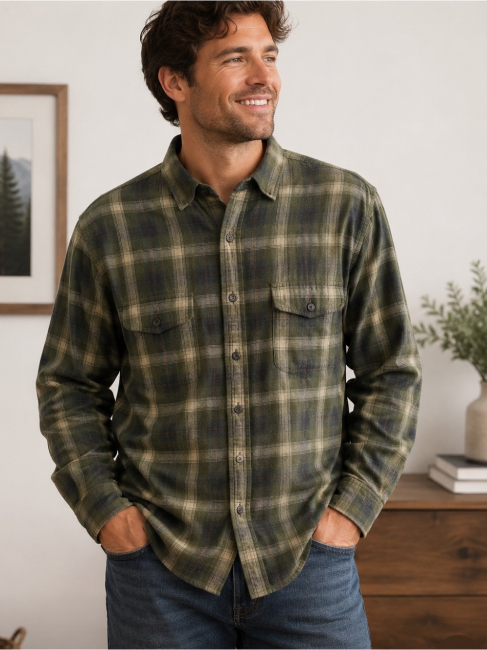 Blake Shelton x Lands' End Olive Plaid Button Front Shirt Men's L Stretch Cotton
